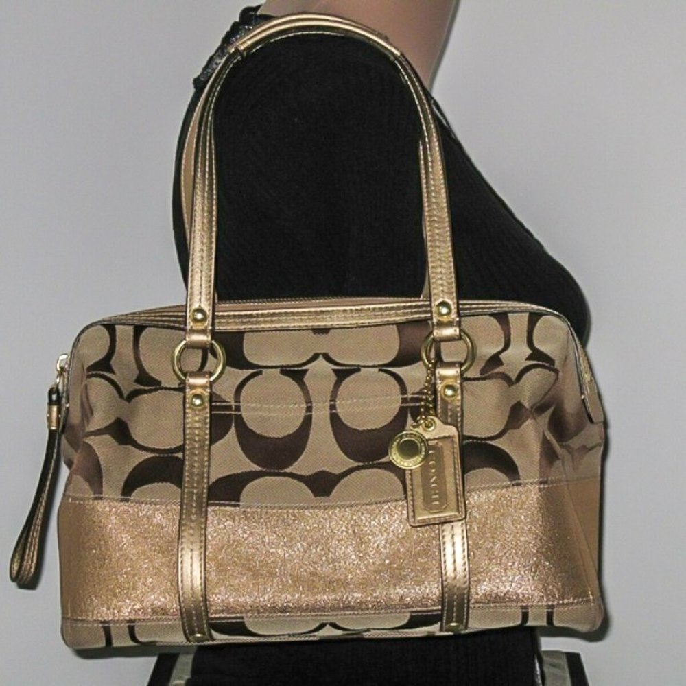 STUNNING VINTAGE PRISTINE METALLIC COACH KHAKI SIGNATURE GOLD  SATCHEL HANDBAG